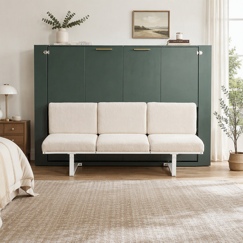 Lit escamotable avec canapé intégré, comprenant quatre tablettes de rangement intégrées et une station de chargement USB pratique pour gagner de la place.