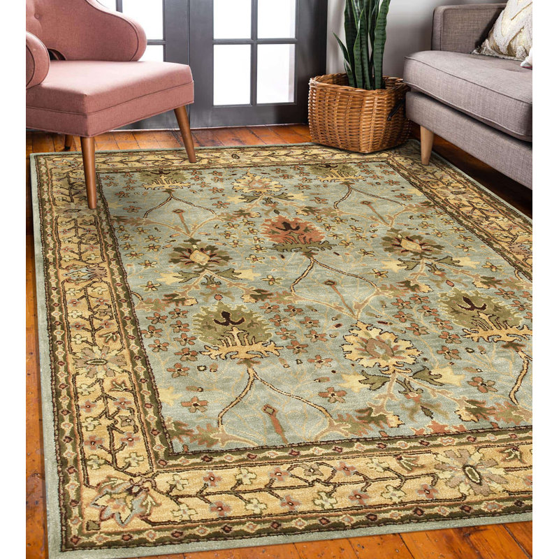 Handmade Blue Wool and Cotton Tufted Rectangular Rug
