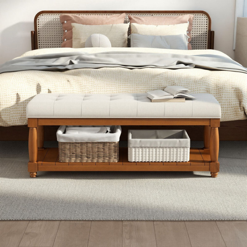 Banc capitonné de 44 po avec tablette de rangement et banc rembourré en lin pour le vestibule de la chambre à coucher, Brun