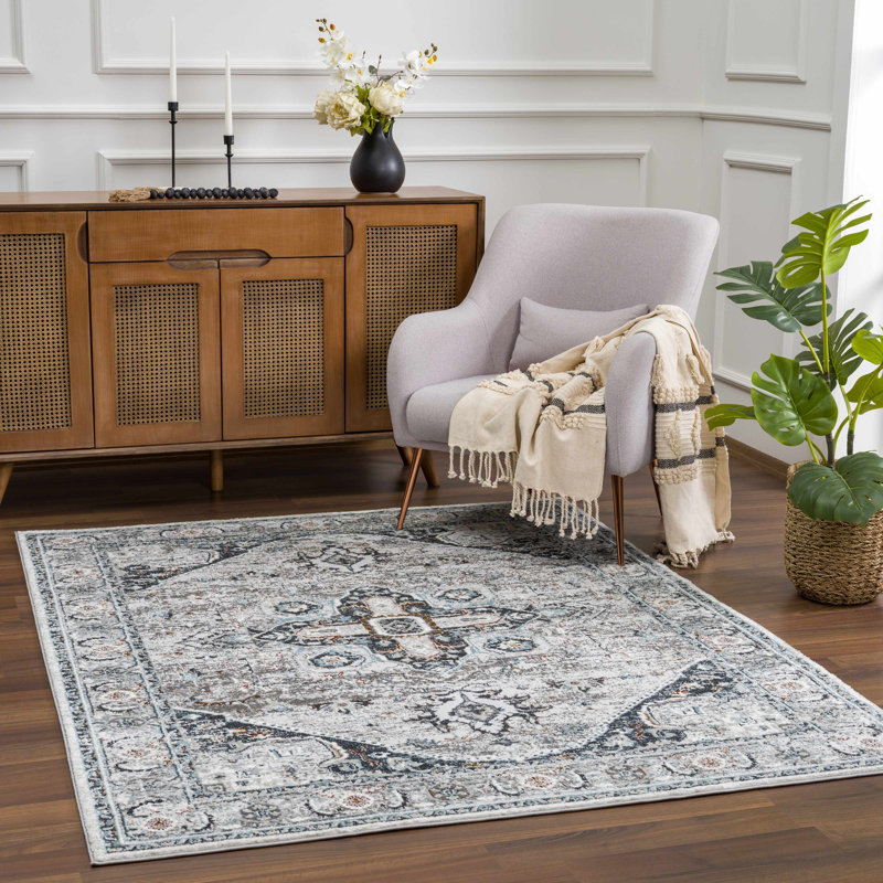 Tapis oriental en polypropylène tissé à la main bleu / gris, Rectangle 7 pi 10 po x 10 pi