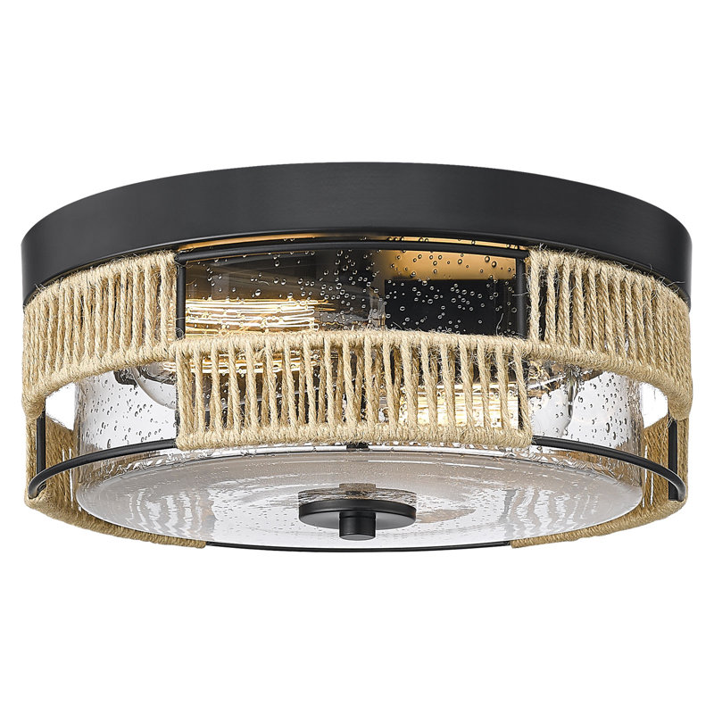 2-Light Farmhouse Flush Mount Ceiling Light with Hand-Woven Hemp Rope & Seeded Glass Shade, Industrial Coastal Boho Ceiling Fixture for Hallway, Kitchen, Bedroom, Entryway - E26 Base, Black Metal Frame