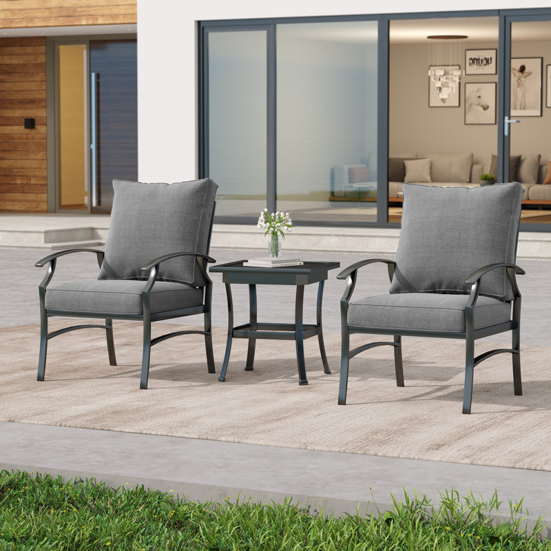 Nickita 3 Pieces Set Metal Outdoor Patio Furniture Chairs Set with Cushions and End table, Gray