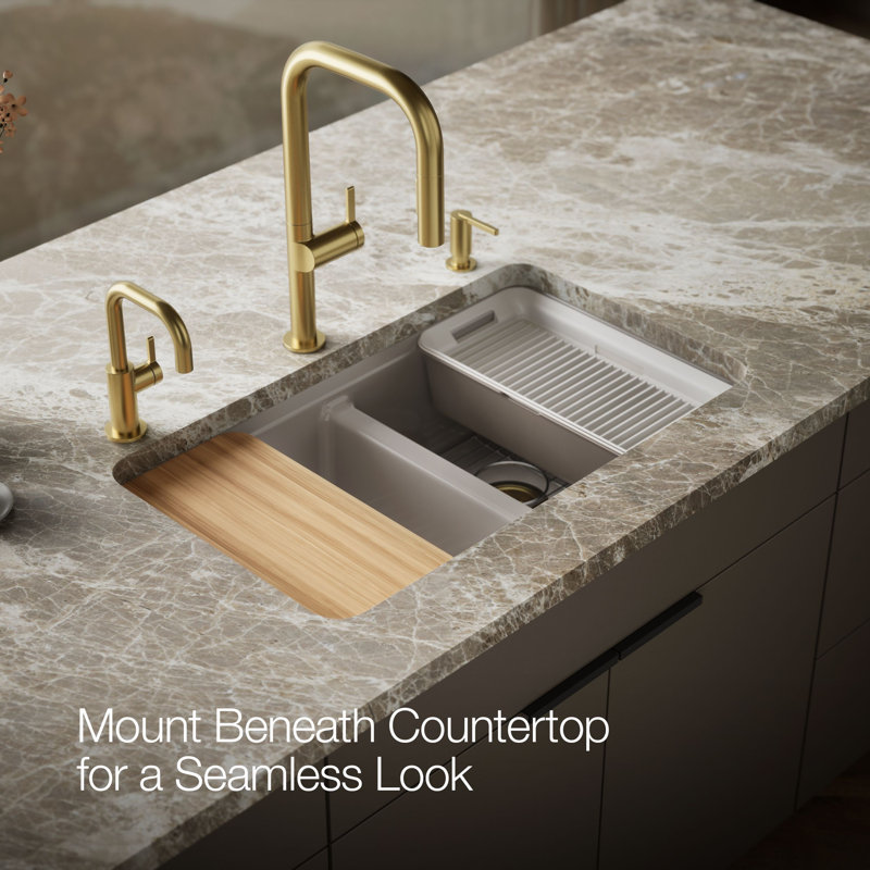Riverby® 33" undermount double-bowl workstation kitchen sink, Truffle