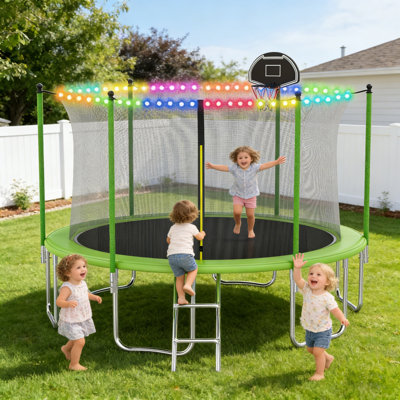 1400lbs 14ft Trampoline For Adults And Kids,trampoline With Enclosure,basketball Hoop, Light,recreational Trampoline With Ladder, Heavy Duty Trampoline Capacity For 6-7 Kids