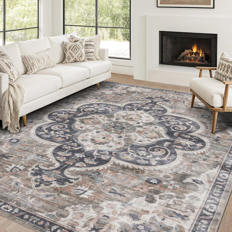 Lefkothea Joy Vintage Machine Washable Area Rug, Rectangle 7'6" x 9'6", Brown Beige