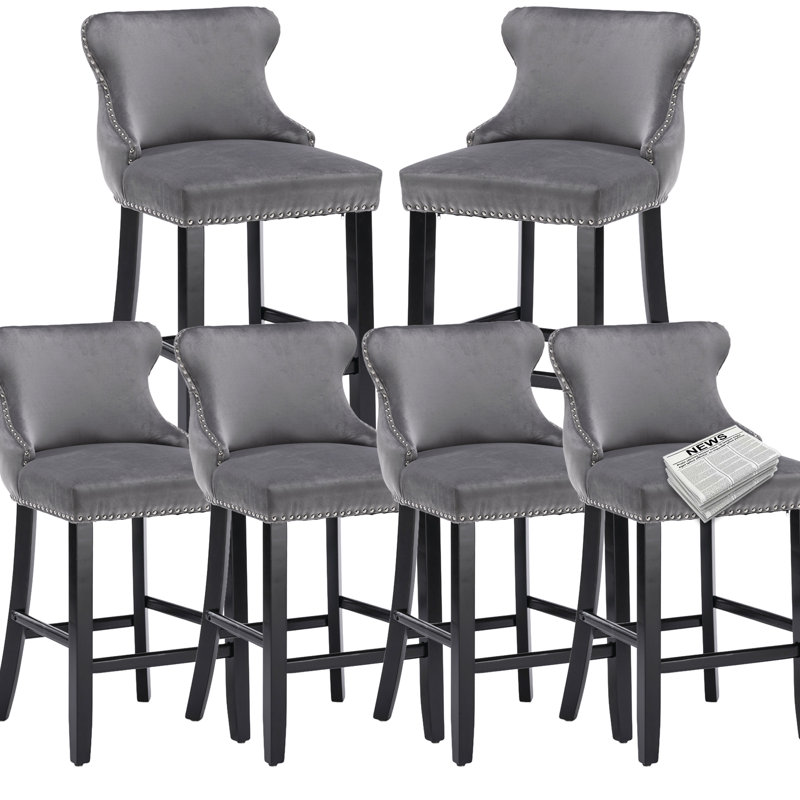 Tabourets de bar en velours de cuisine en bois massif (ensemble de 6), Gris