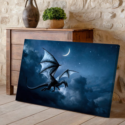 Reproduction d'art sur toile, "Un dragon majestueux s'envole gracieusement à travers un ciel nocturne dramatique" sur fond de nuages sombres