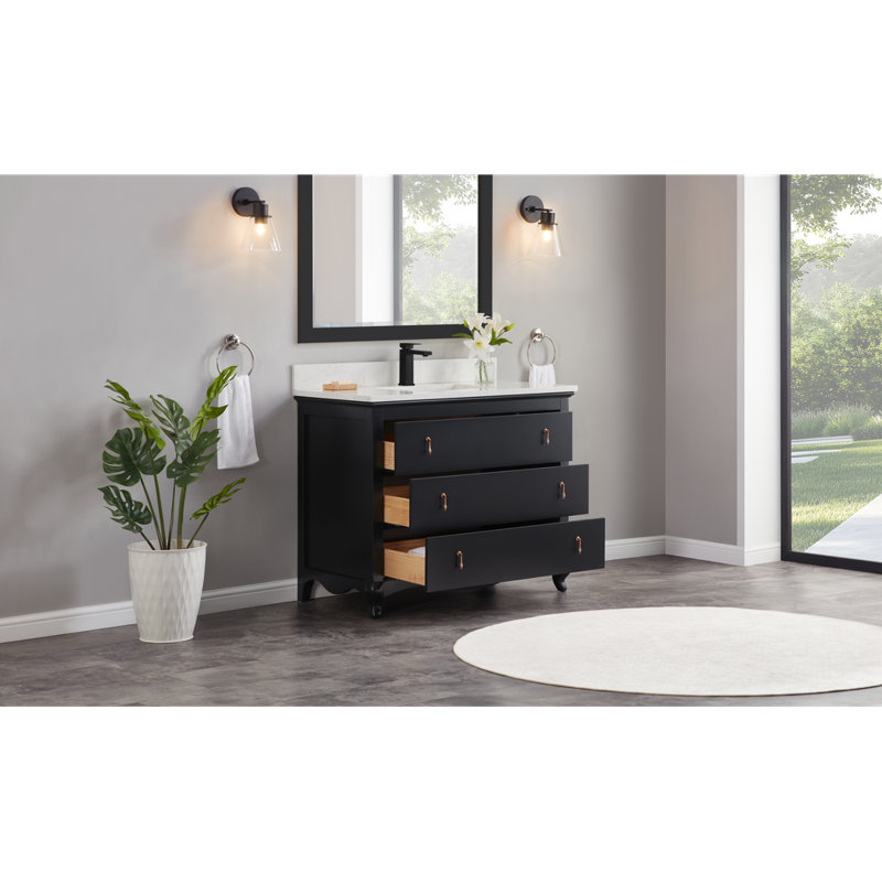 42" Cadet Finish Solid Wood Sink Vanity  With 1' Artificial Stone Top, Tricon Black