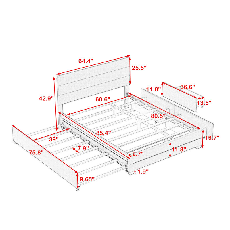 Queen Upholstered Platform Bed with Two Drawers and Twin Trundle  