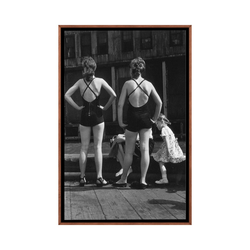 Two Women With Bathing Suits (Gansevoort Pier NYC, 1948) by Ruth Orkin - Print on Canvas, Classic Brown Wood Framed