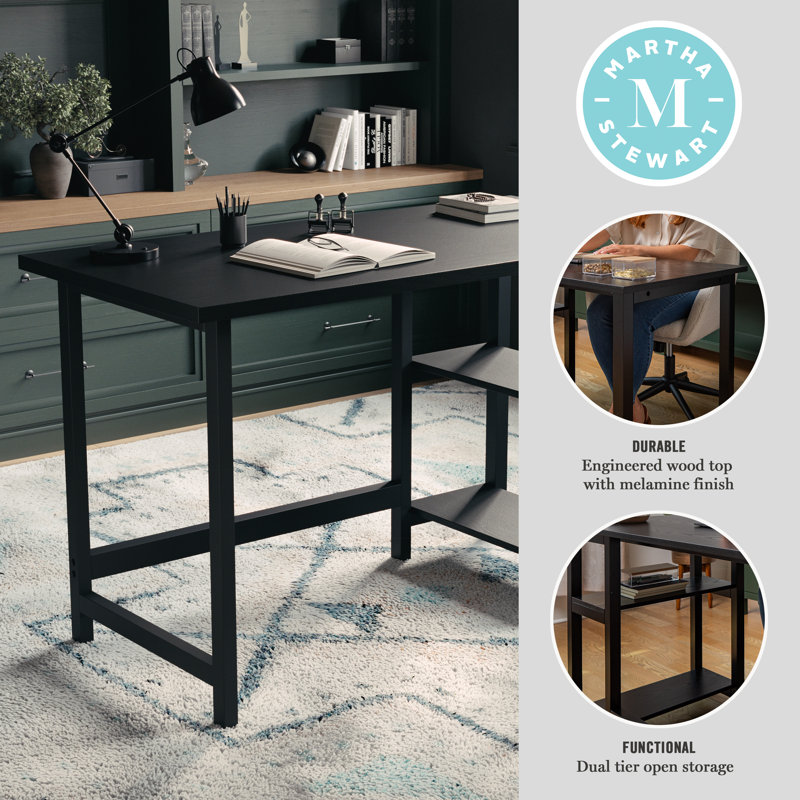 Black Wood Grain Trestle Desk with Open Shelving
