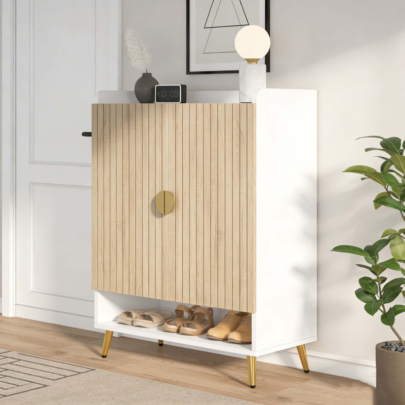 Shoe Cabinet Organizer with Practical Adjustable Shelves, Wood Grain Color & White