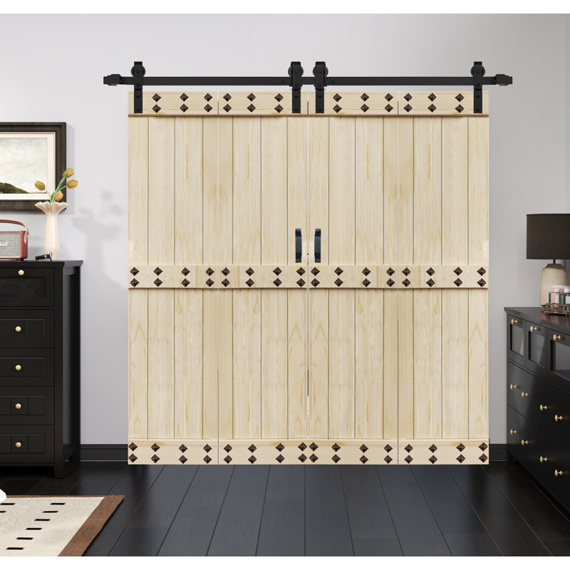Porte de grange pliante en bois massif de style Mid-Bar 4 panneaux avec quincaillerie - assemblage requis, Non fini