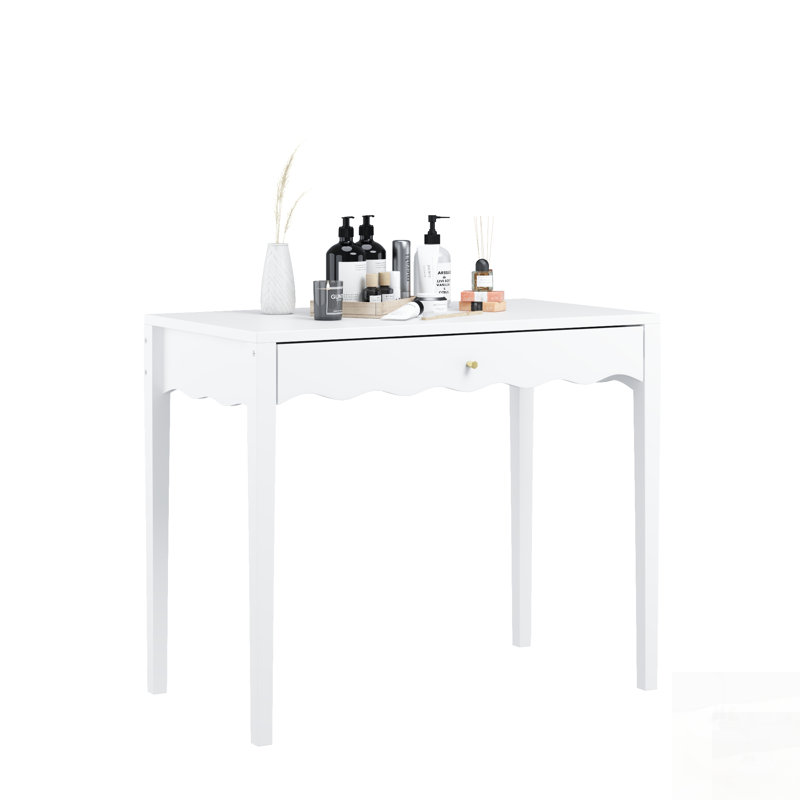 Bureau de coiffeuse avec tiroir, table de maquillage moderne avec façade festonnée et poignée dorée, bureau d'écriture compact pour petits espaces