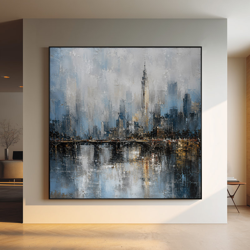 Impression sur tissu grand format - Motif bleu-gris représentant la silhouette d'une ville et un pont, idéal pour le salon ou la chambre - « Assemblage du cadre requis (cadre non fini) »