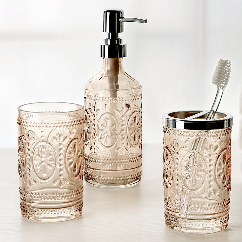 Blush Pink Embossed Glass Floral Bathroom Tumbler