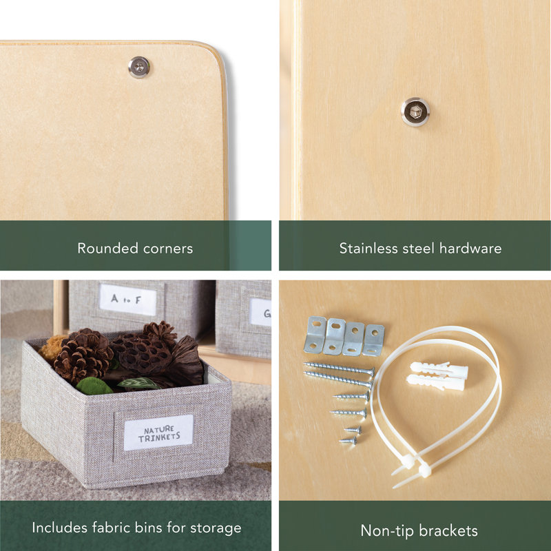 Natural Wooden Kids Book and Bin Display with Fabric Bins