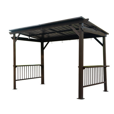 Pavillon de jardin à toit rigide de 6,5 x 12 pi, pavillon de jardin extérieur avec 2 tablettes latérales et toit en acier galvanisé incliné, pavillon de barbecue permanent en métal avec crochets de plafond pour patio, pelouse, cour arrière, terrasse, brun