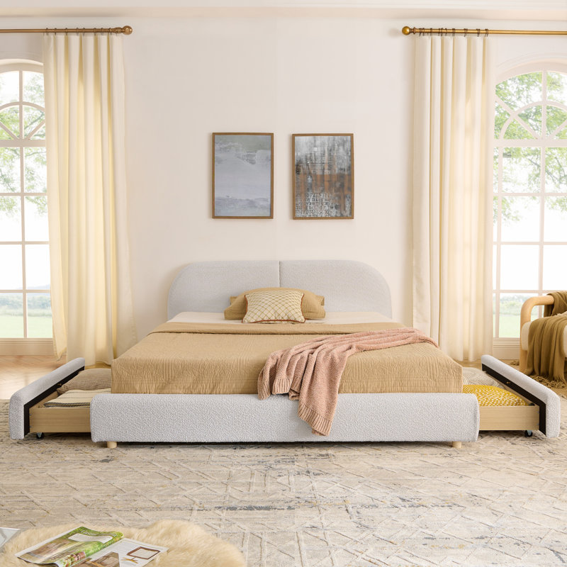 Lits modernes spacieux avec rangement, revêtement en bois aggloméré beige