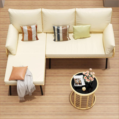 Modern 3-Piece Outdoor Sectional Sofa All-Weather L-Shaped Conversation Set - Waterproof Wicker Patio Furniture with Thick Cushions & Glass Side Table by babevy