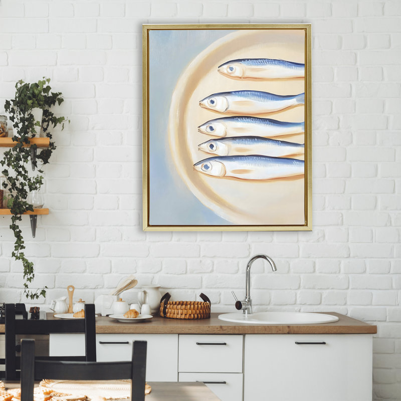 Plaque de cadre flottant de sardines, design par The Prints Vibe, 31 x 25, Cadre flottant métallique doré