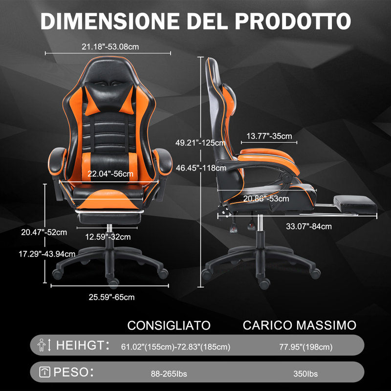 Wrought Studio™ Adjustable Reclining Leather Swiveling PC & Racing Game Chair, Black/Orange