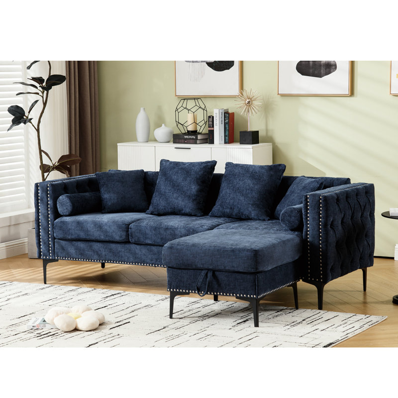 Canapé modulaire en L avec chenille, accoudoir carré, rangement en chenille bleu 3 places, Bleu