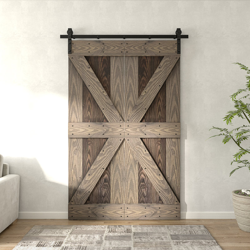 Porte de grange pliante gaufrée 84 po avec quincaillerie coulissante Coast Sequoia, 48 po x 84 po, Café Kona / gris fumé