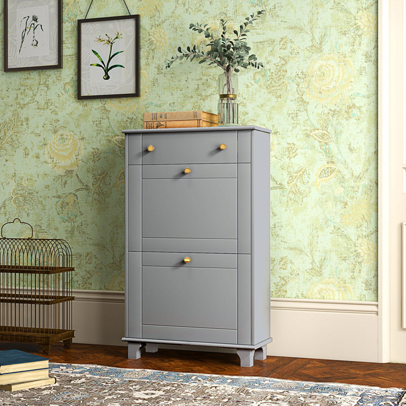 Armoire de rangement pour chaussures étroite avec 2 portes et tiroir rabattables, gris