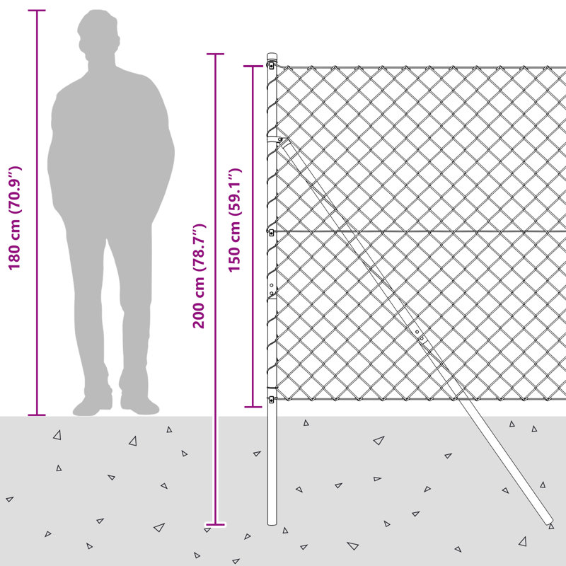 Vidaxl Chain Link Fence With 7 Posts Galvanised Steel, 150cm H x 1000cm W, Silver