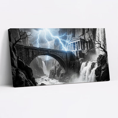 Pont de pierre et ruines d'un temple antique sous une toile bleue, tableau mural d'Halloween