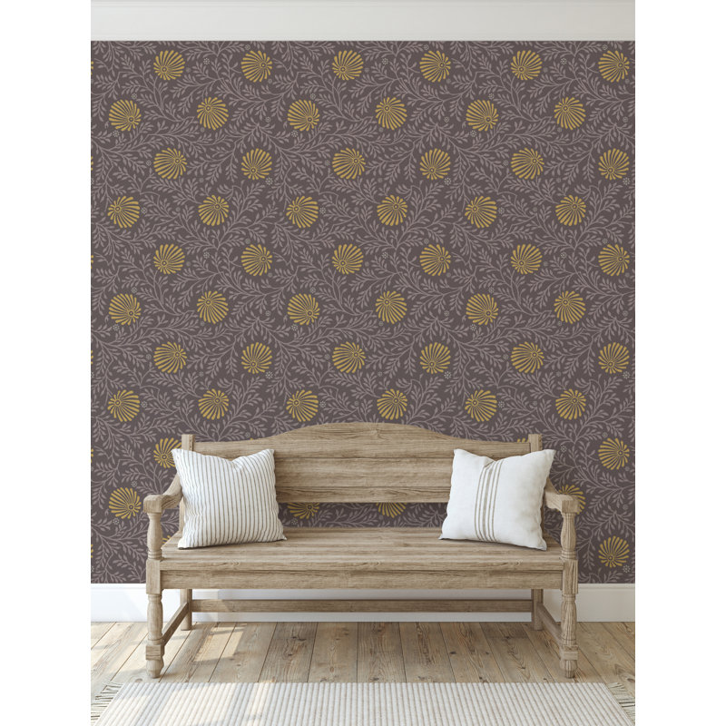 Rouleau de papier peint à motif de marguerites pressées L 33 pi x l 20,5 po Yuki Osada, Suède prune / jaune