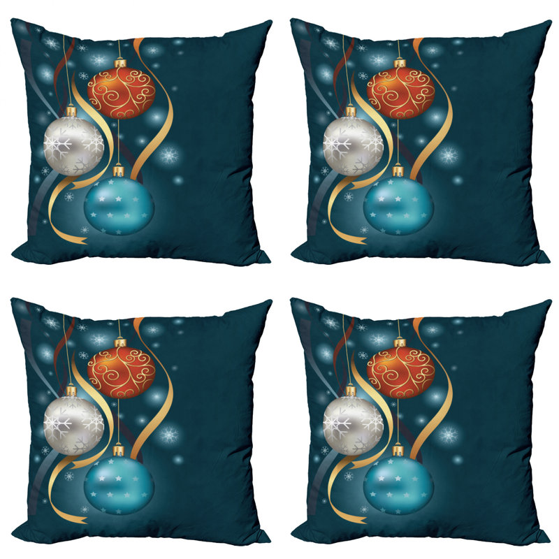 Petrol Blue and Red Christmas Ornament Square Throw Pillow Covers