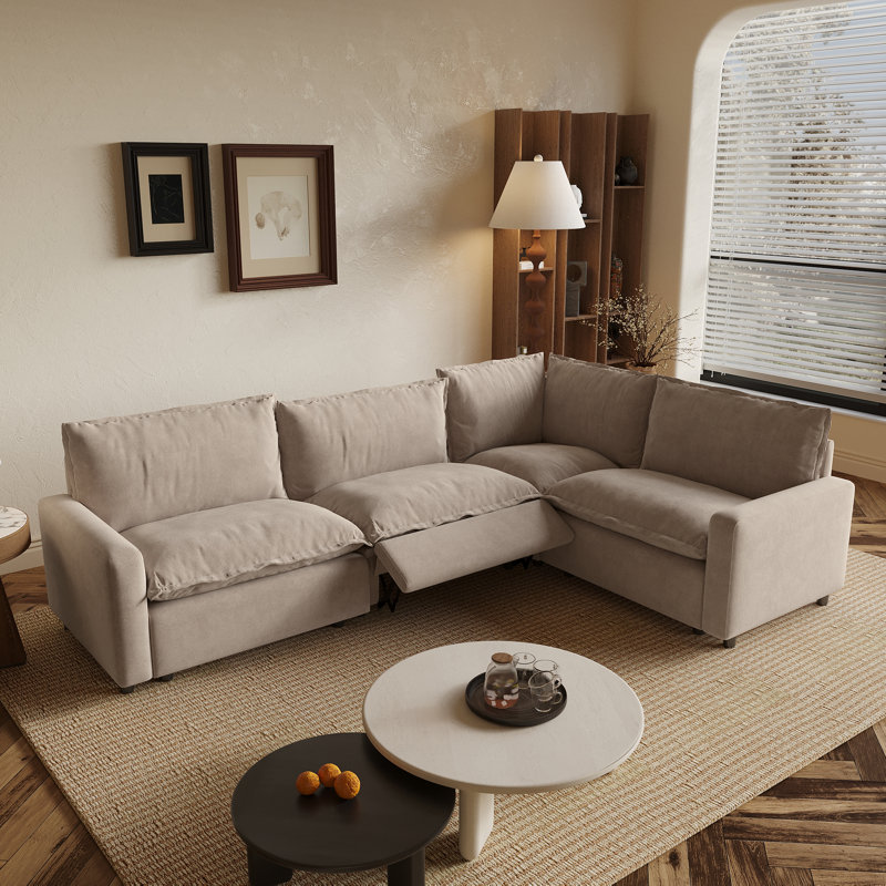 Canapé modulaire 4 pièces, canapé inclinable électrique en tissu avec coussin chauffant, Lin kaki