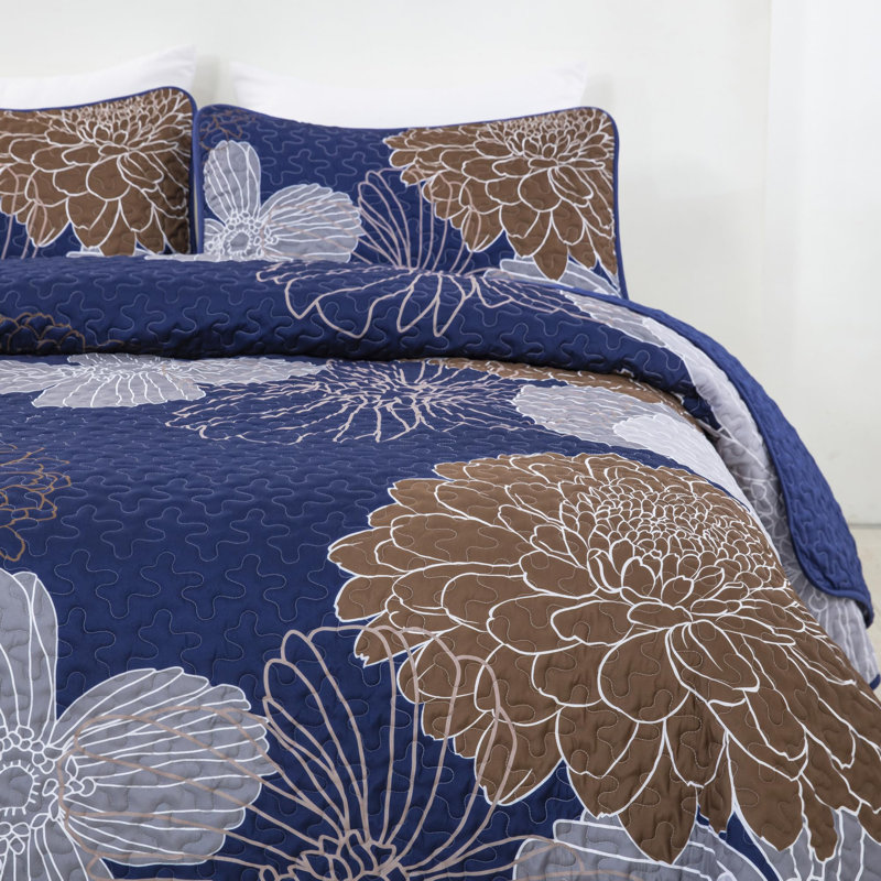 3 Pieces Floral Printed Quilt Set All Season Lightweight Bedspread Set with Shams, Queen Quilt + 2 Queen Shams, Brown/Navy