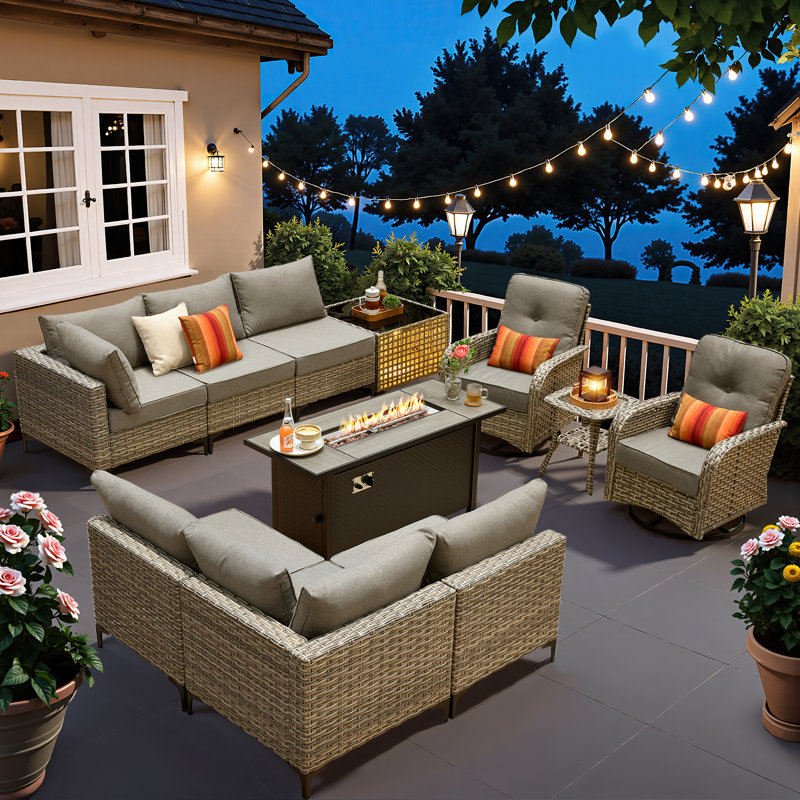 Daltry 11 Piece Outdoor Wicker Conversation Sets With Fire Pit Table and Coffee Table With built-in lights, Dark Gray