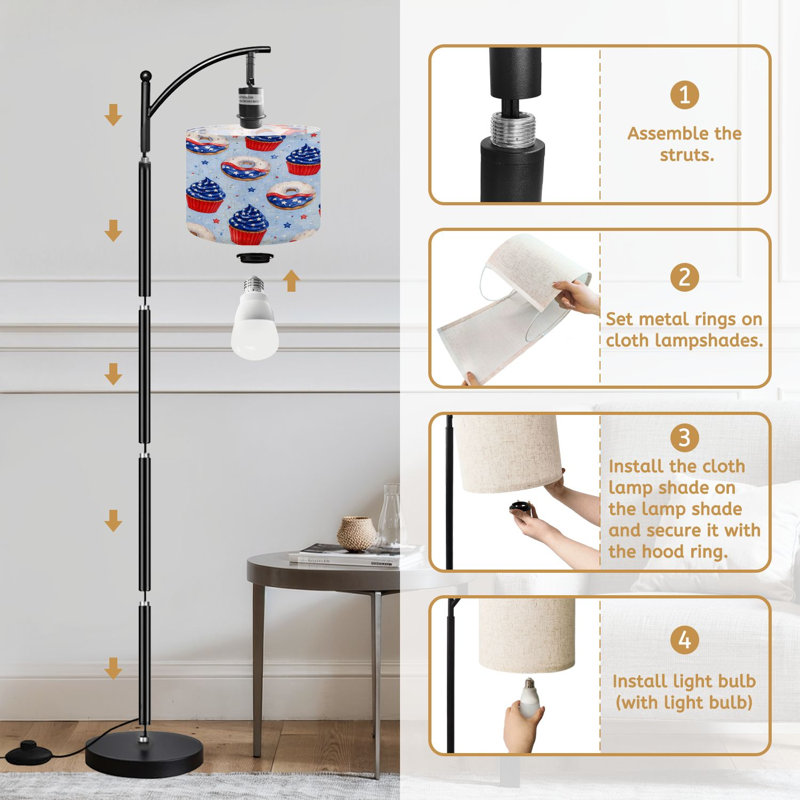  Arc Floor Lamp Patriotic American Flag Donuts Cupcakes Red White Blue Stars Light Tall Modern Standing Lamp LED Adjustable Linen Lampshade 3 Color Temperatures