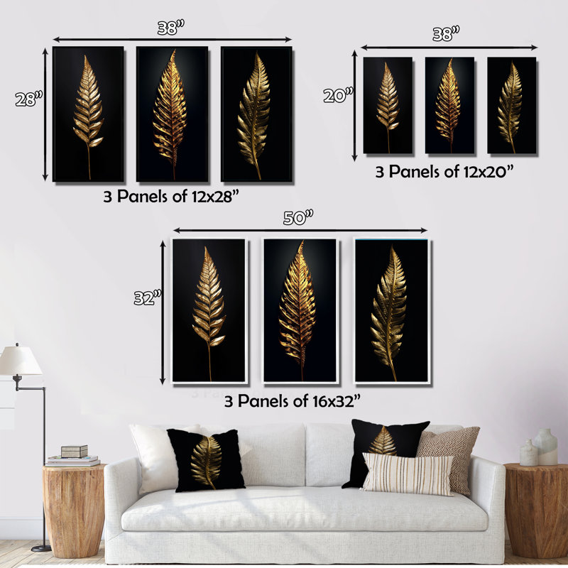 «Golden Fern Leaf On Black V», 3 pièces sur toile, Toile tendue, H 28 po x l 36 po