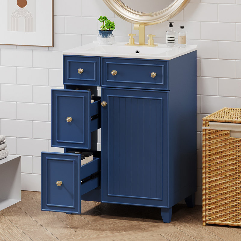 24-Inch Bathroom Vanity Cabinet With Ceramic Sink, Blue