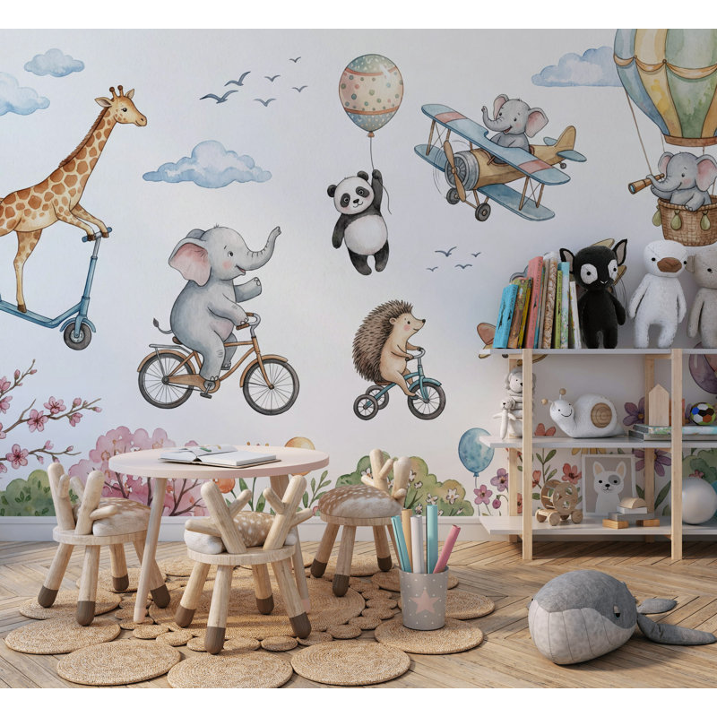 Adorable murale en forme de montgolfière, animaux volants, L: 190 po x H: 108 po, Peler et coller