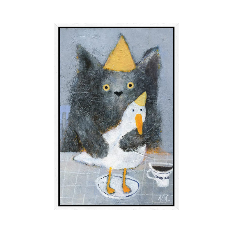 Cat And Duck On The Plate by Natalia Shaloshvili - Painting on Canvas, White Framed, 101.6cm H x 66.04cm W x 3.81cm D