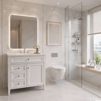 36" Modern Bathroom Vanity With Top Sink, Ample Storage, Durable Ceramic Basin, And Elegant Roman Leg Design.