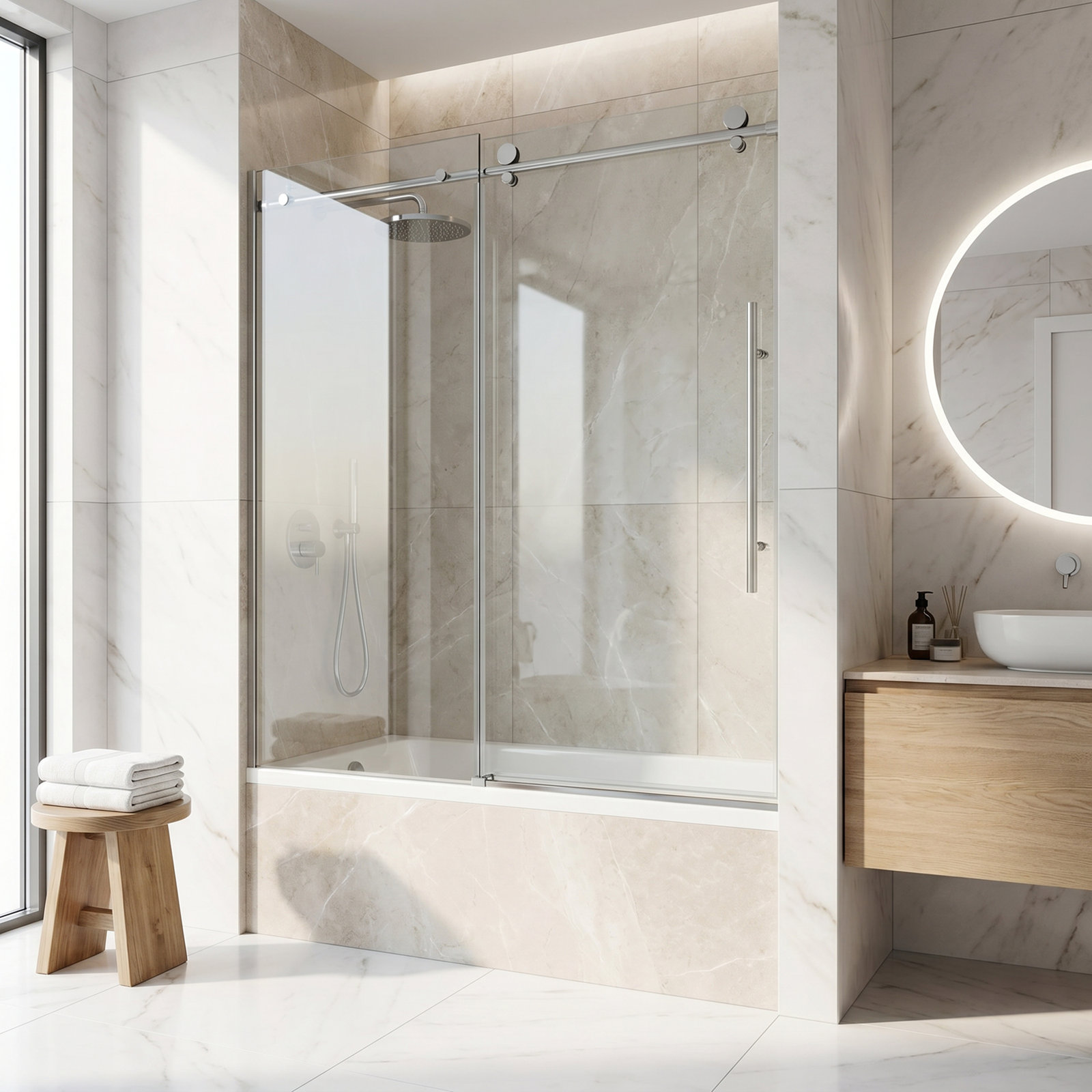Elan E-Class 56-60" W x 66" H Sliding Frameless Tub Door with 3/8" Clear Glass, Stainless Steel