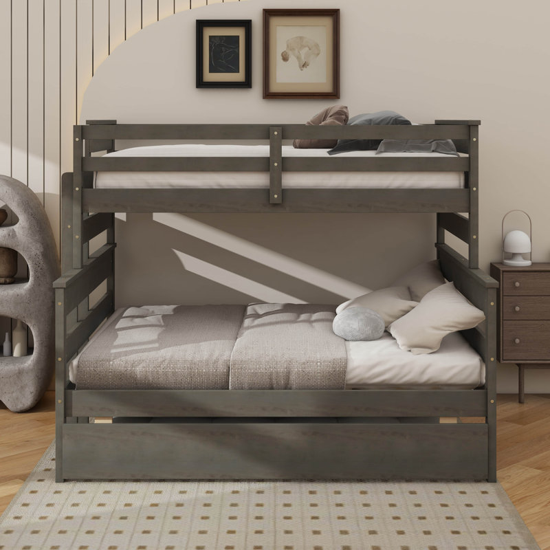 Lit superposé simple au-dessus d'un lit double en bois avec lit extensible, gris