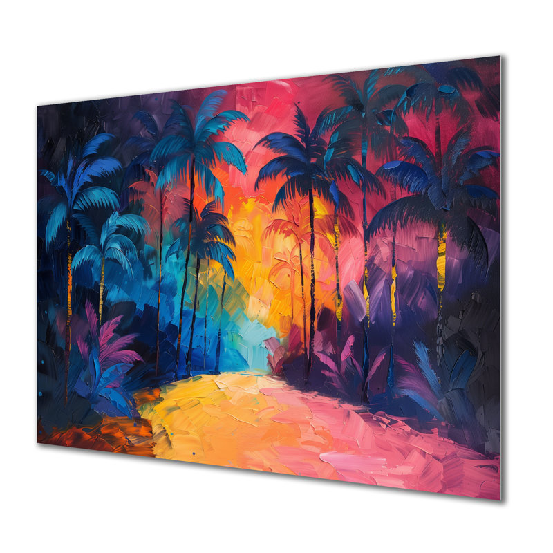 Vert, jaune, palmiers, oasis tropicale V - palmiers et palmiers, art mural, Sans cadre, métal, H 16 po x l 32 po x P 1 po