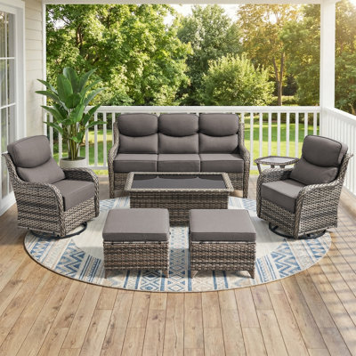 Abbey 7-Piece Wicker Patio Conversation Set With Coffee Table & 6-Inch Luxury Cushions Swivel Chairs, Side Table