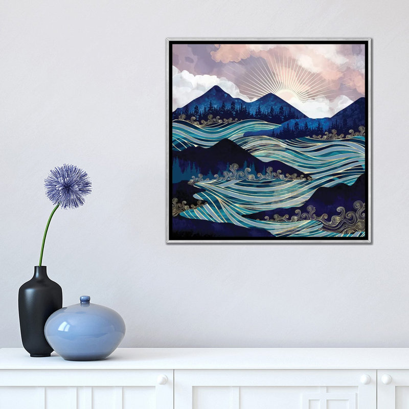 Ocean Sunrise - impression d'art graphique, H 18 po x l 18 po x 1,5 po, Aucun mat, Toile avec cadre argenté