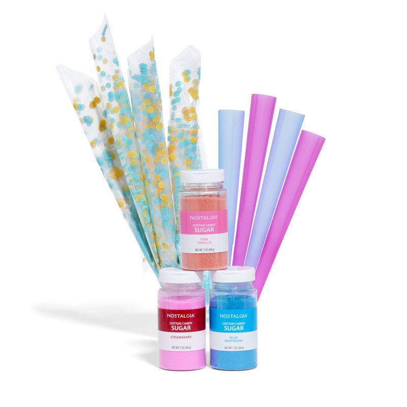 Nostalgia FSCC8 Cotton Candy Party Kit - Pink Vanilla, Blue Raspberry, Strawberry Flossing Sugars (7 oz. each) with Reusable Cones and Twist Ties