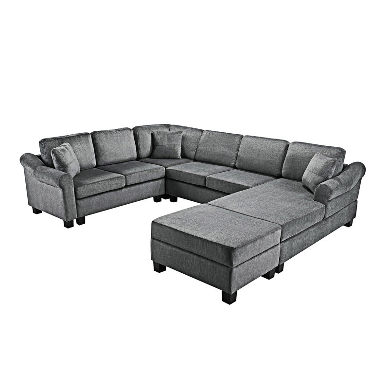 Canapé modulaire rembourré avec repose-pieds de rangement mobile, Chenille grise foncée