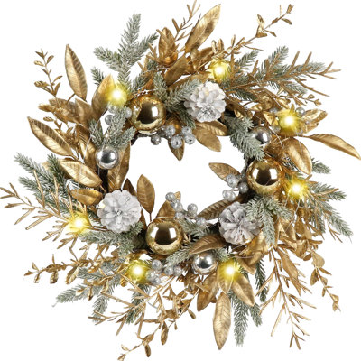 Décoration de Noël 20 po - lumières chaudes, 8 modes et minuterie, décorée de baies argentées, de boules, pour les décorations des Fêtes de Noël